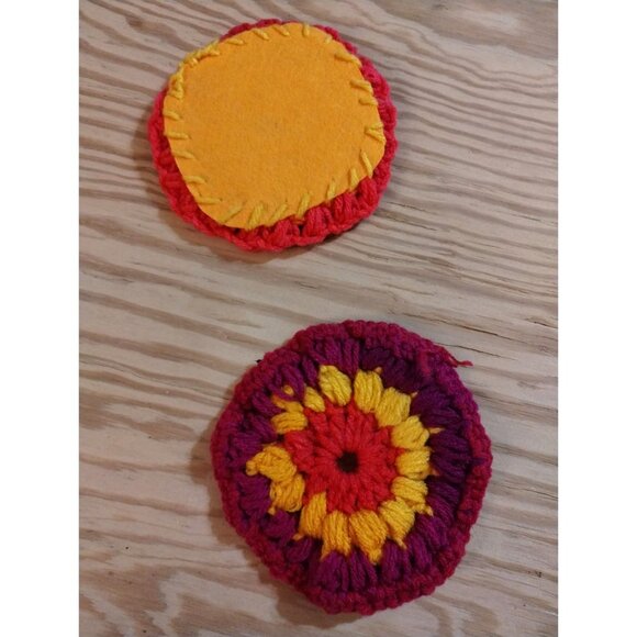 Handmade Crochet Coasters Set Of 2 - Vibrant Yellow Orange & Red Design With Fel - Picture 2 of 6